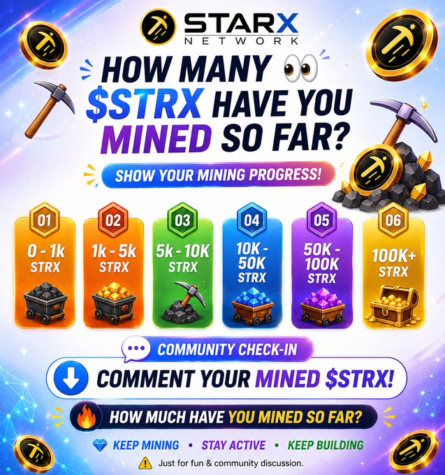 A colorful StarX Network community poll graphic asks "HOW MANY $STRX HAVE YOU MINED SO FAR?" with six tiered mining progress options ranging from 0–1K to 100K+ $STRX, prompting users to comment their mined amount under the hashtags #StarXNetwork and #STRX.