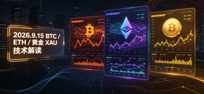 A digital graphic displaying financial market charts for Bitcoin (BTC), Ethereum (ETH), and Gold (XAU) against a dark cityscape background, with text reading '2026.9.15 BTC / ETH / 黄金 XAU 技术解读' (Technical Analysis).