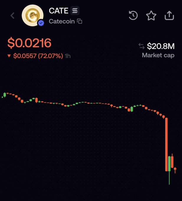 A mobile trading chart shows CATE (Catecoin) priced at $0.0216 with a $20.8M market cap, displaying a steep -72.07% ($0.0557) drop over 1 hour that visually contradicts the post's optimistic "speedrun to 1B" claim following a 10M dip.