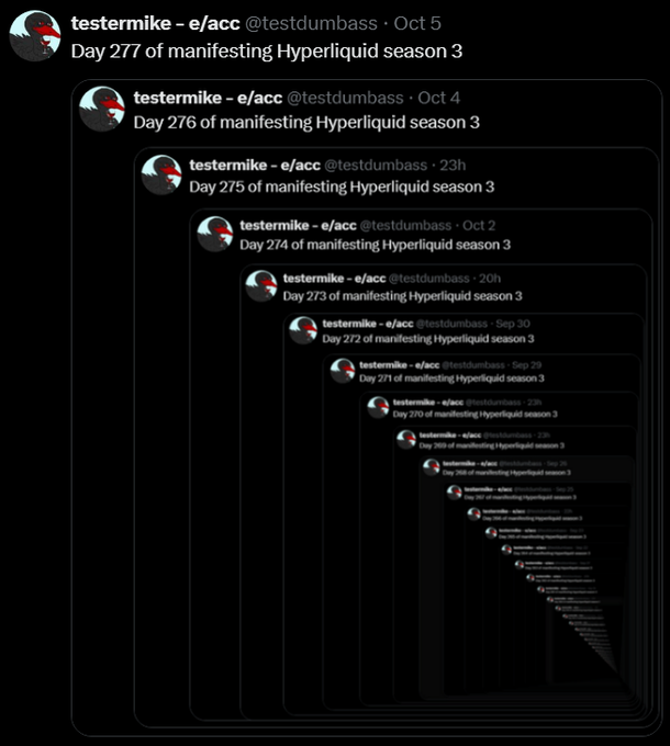 A screenshot of an X post by 'testermike - e/acc' (@testdumbass) showing an infinite recursive loop of identical tweets titled 'Day [number] of manifesting Hyperliquid season 3'.