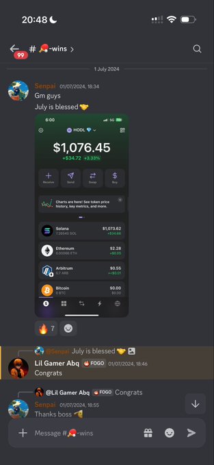 A Discord chat in the #_wins channel shows "Senpai" celebrating "Gm guys July is blessed," accompanied by a screenshot of a Hodl portfolio worth $1,076.45, up +$24.72 (+2.35%), with other users congratulating him. The post reflects on this July 2024 milestone as the beginning of a much larger journey into building a brand, earning five figures, and helping others succeed in web3.