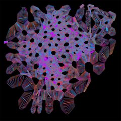 A digital artwork featuring a hole-filled, organic-looking spherical shape rendered in purple, blue, and red tones against a black background.