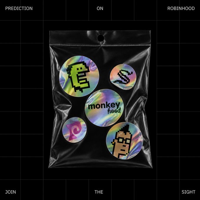 A black sealed package contains a collection of holographic stickers featuring pixel art characters and logos including "monkey hood," alongside surrounding text reading "PREDICTION," "ON," "ROBINHOOD," "JOIN," "THE," and "SIGHT," promoting the Sight Hood Genesis NFT free mint giveaway.
