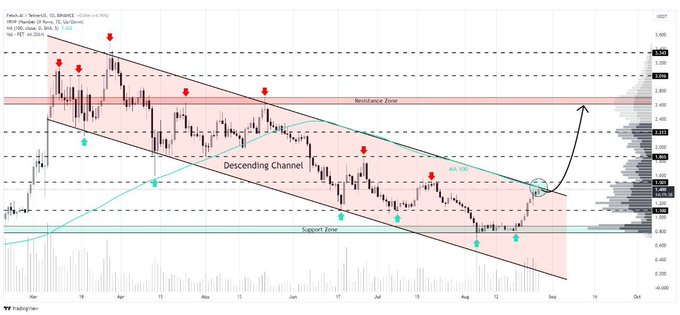 A daily candlestick chart for Fetch.ai / TetherUS on Binance showing a descending channel pattern between a red "Resistance Zone" and a green "Support Zone," with red and green arrows marking price action.