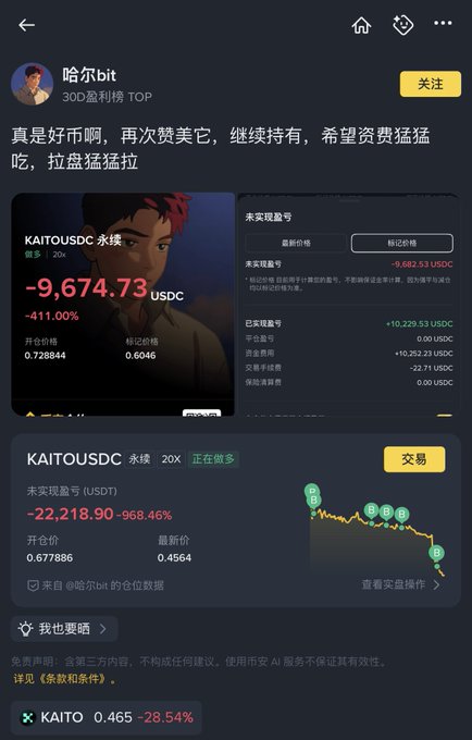 A mobile app screenshot in Chinese showing cryptocurrency trading losses, with charts for 'KAITOUSDC' showing significant drops of -411.00% and -968.46%, alongside a user's comment praising the market.