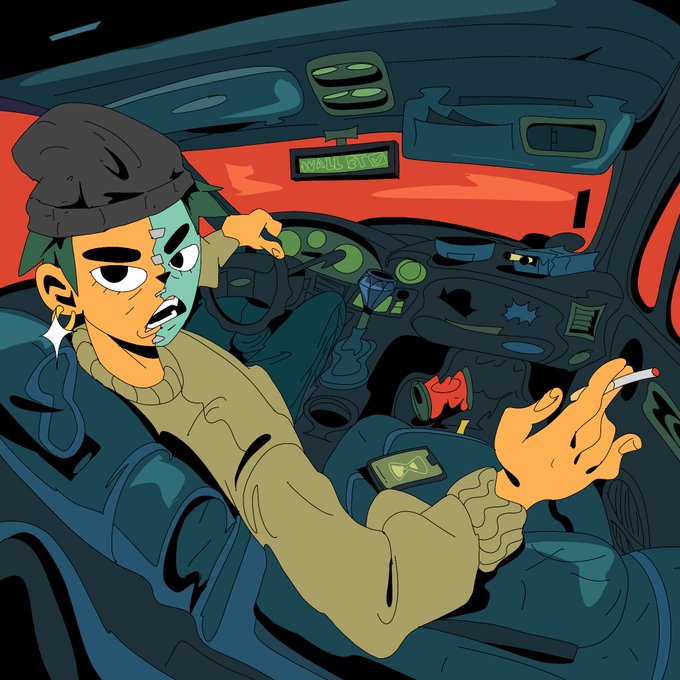 A cartoon illustration of a person with green hair and a black beanie driving a car, holding a cigarette, with a 'WANTED' sign on the rearview mirror.