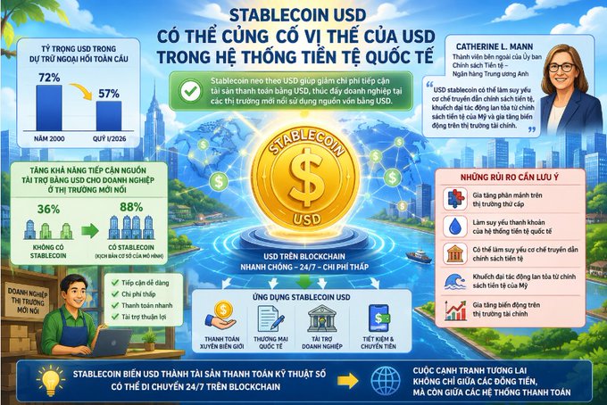 An infographic in Vietnamese about USD Stablecoins and their potential to strengthen the USD's position in the international monetary system, featuring statistics from Catherine L. Mann of BIS.