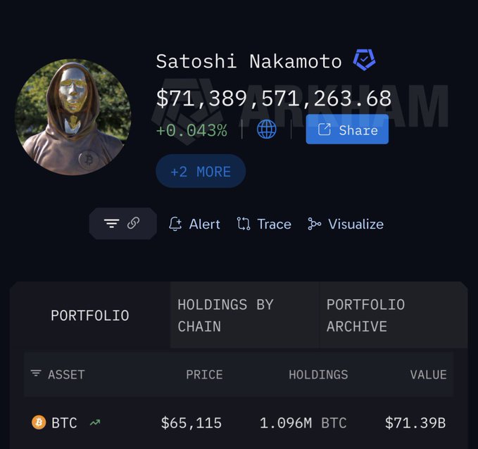 The image shows a portfolio tracker display for Satoshi Nakamoto's wallet, revealing holdings of 1.096M BTC valued at $71.39B, contextualizing the post's observation about how Satoshi's Bitcoin has remained untouched and secure despite numerous DeFi hacks and wallet exploits over the years.