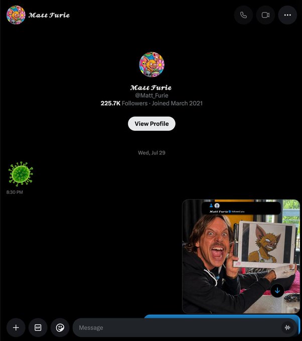Screenshot of a Twitter/X direct message conversation with Matt Furie (@Matt_Furie, 225.7K Followers), showing his profile picture and a shared image of a man holding up a drawing of a fox character.