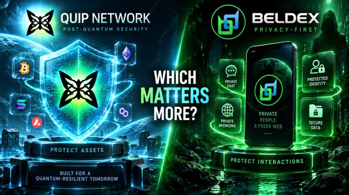 A promotional graphic comparing 'QUIP NETWORK - POST-QUANTUM SECURITY' (Protect Assets) with 'BELDEX - PRIVACY-FIRST' (Protect Interactions) with the central question 'WHICH MATTERS MORE?'