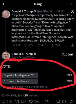 A screenshot of a Twitter/X post by Donald Trump (@realDonaldTrump) with a poll question titled 'VOTE!' between 'Superior Intelligence' and 'Extreme Intelligence', circled in red, with the Supreme Intelligence option marked at 50%.