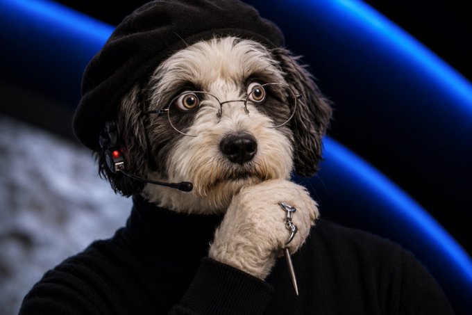 A dog dressed in a black beret, glasses, and headset holds up a ringed paw thoughtfully, set against a dramatic blue stage backdrop, humorously personifying the post's confident, advisory stance on $DOW's upward trajectory.