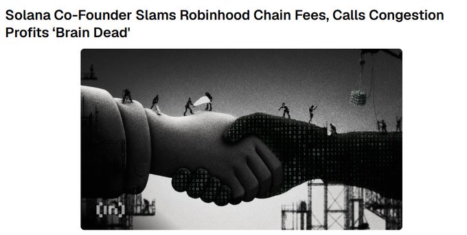 News headline reading "Solana Co-Founder Slams Robinhood Chain Fees, Calls Congestion Profits 'Brain Dead'" above a black-and-white illustration of two arms clasping hands while tiny workers walk along them.