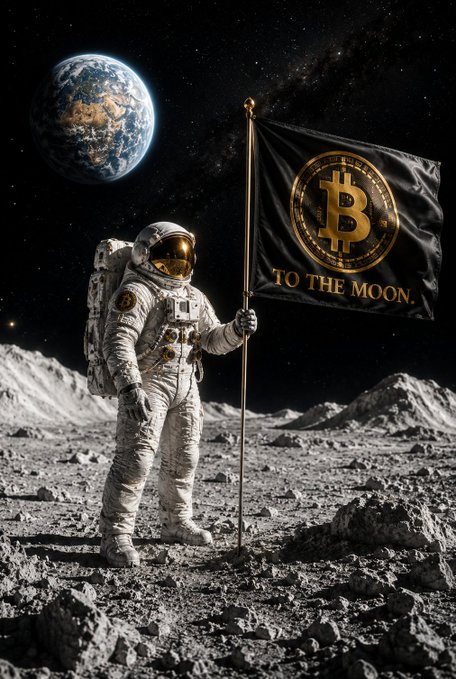 An astronaut stands on the moon's surface planting a black flag featuring the Bitcoin logo and the text 'TO THE MOON,' with Earth visible in the background.