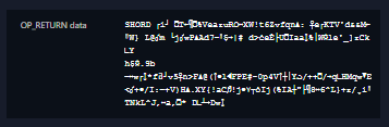 Dark screen showing 'OP_RETURN data' with hexadecimal strings, beginning with '0406Bd 02: M-1DONTw...'.