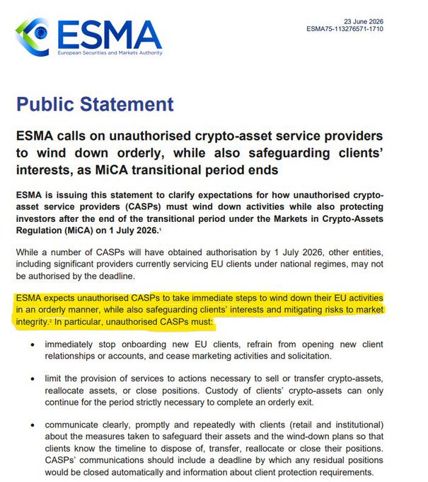 The image shows an ESMA Public Statement dated 23 June 2026, addressing unauthorized Crypto-Asset Service Providers (CASPs) regarding the end of the MiCA transitional period on 1 July 2026, with a highlighted section stating ESMA's expectations for unauthorized CASPs to wind down EU activities orderly and safeguard clients' interests and market integrity.

This relates to the post by illustrating ESMA's official stance requiring unauthorized crypto firms to cease EU operations, which the poster interprets as evidence of Binance's regulatory arbitrage strategy—operating across EU member states without MiCA authorization even as authorities formally demand wind-down compliance.