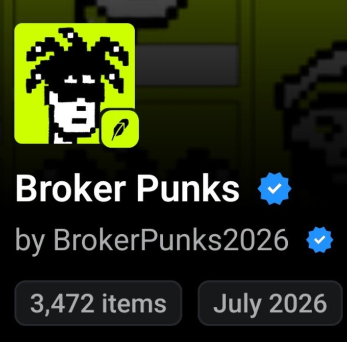 A digital collection profile for 'Broker Punks' by BrokerPunks2026, showing 3,472 items and dated July 2026, with a pixel art profile icon.