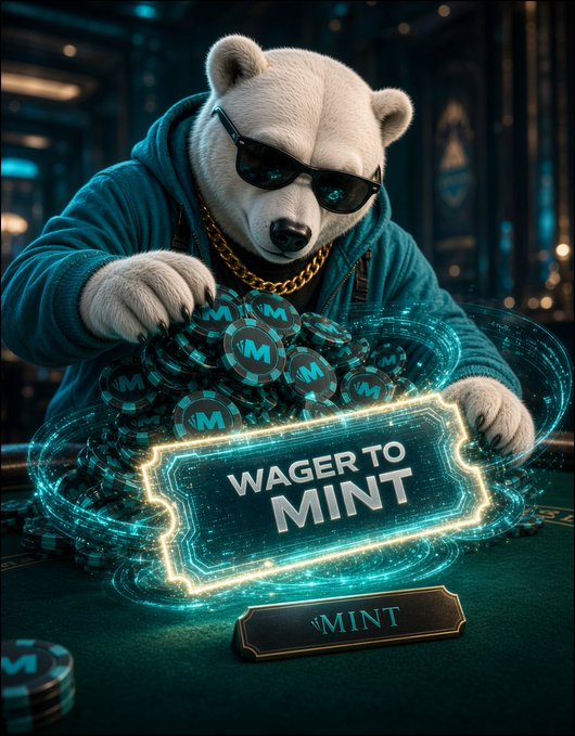 A digital illustration depicts a bear wearing sunglasses and a gold chain surrounded by Monero (XMR) coins, with a glowing sign reading 'WAGER TO MINT' and a button labeled 'MINT'.