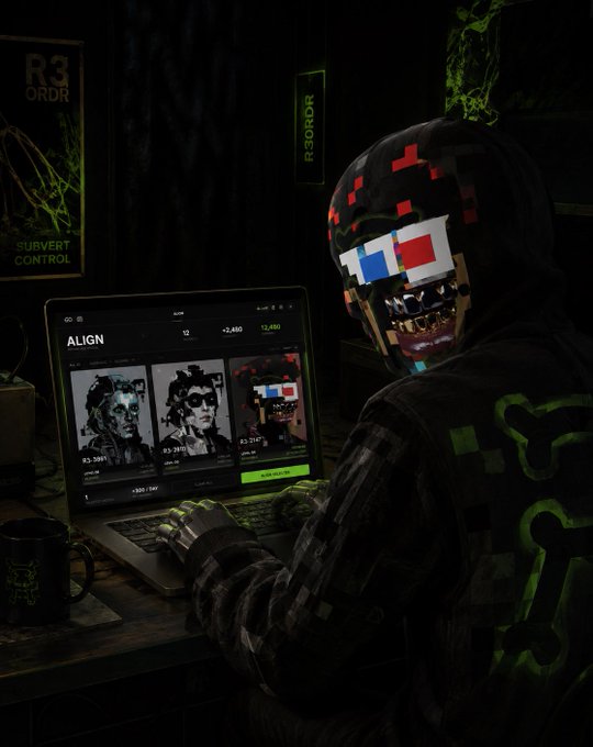 A person wearing a pixelated 3D glasses mask with a creepy sharp-toothed grin and a dark hoodie sits at a laptop displaying a trading platform labeled 'ALIGN' with various NFT listings and +2,000 gains shown.