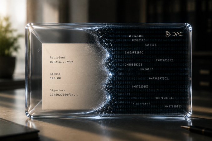 A 3D render of a transparent glass block displaying a digital transaction receipt with fields for Recipient (0x8c1a...7f9e), Amount (100.00), and Signature, alongside floating hexadecimal code and the 'DAC' logo.