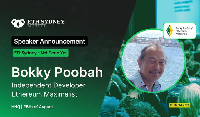 Speaker announcement graphic for ETH Sydney Meetup on August 28th featuring Bokky Poobah, an Independent Developer and Ethereum Maximalist, who will present a workshop on BokkyPooBah's Ethereum Workshop.