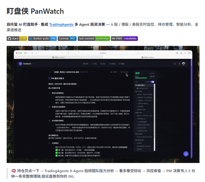 Screenshot of a GitHub repository for "盯盘侠 PanWatch," a self-hosted AI stock monitoring assistant integrating TradingAgents multi-agent investment decisions for A-shares, Hong Kong, and US stocks, showing 1.2K stars and 34K docker pulls.