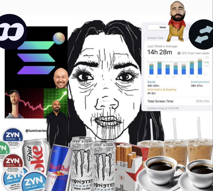 A chaotic collage features a hand-drawn screaming face at the center, surrounded by multiple photos of a bald man with a beard, a headless torso wearing a red shirt, and various consumer products including ZYN nicotine pouches, Diet Coke and Red Bull cans, Monster Zero Sugar energy drinks, Marlboro cigarettes, and Dunkin' iced coffees, alongside a mobile screen time report showing 14h 28m last week's average with social use at 45h 59m, branding for Web3 education platform @luminaries, and crypto logos for Solana and Flow, visually representing a stereotypical crypto trader's excessive screen time and stimulant-fueled lifestyle.