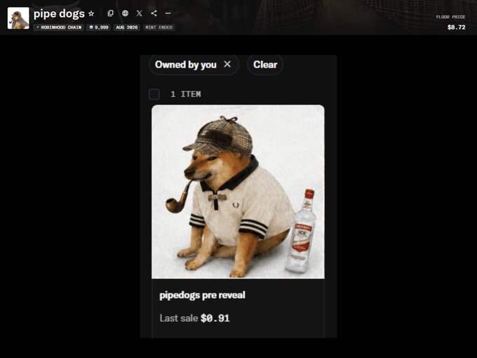 A screenshot from the 'pipe dogs' NFT marketplace showing a digital collectible of a dog wearing a detective hat and smoking a pipe next to a vodka bottle, labeled 'pipedogs pre reveal' with a last sale of $0.91.