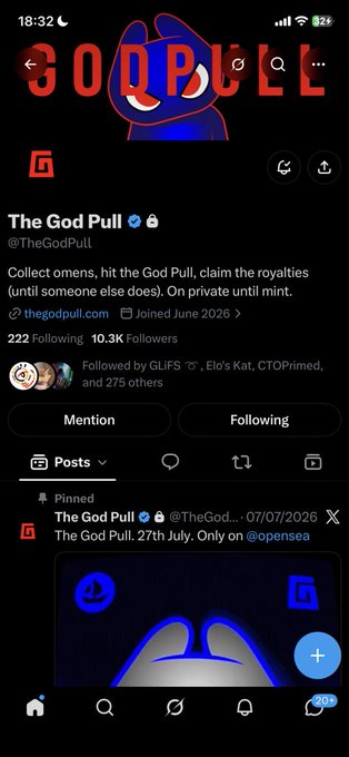 A Twitter/X profile screenshot for "The God Pull" (@TheGodPull), an account with a verified checkmark showing 10.3K followers, featuring a red and blue character avatar and a pinned post about a God Pull on 27th July only on Opensea.