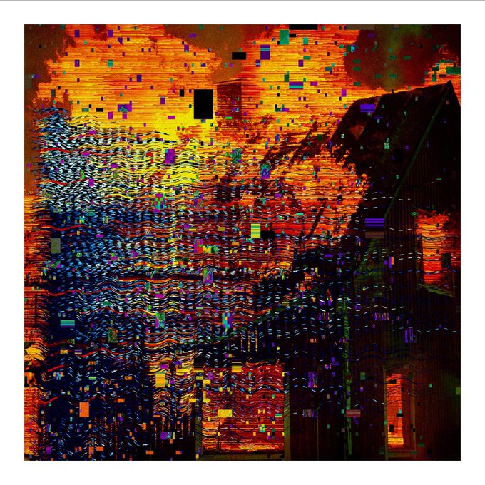 A heavily glitched, colorful image shows a city or building scene distorted by digital artifacts.