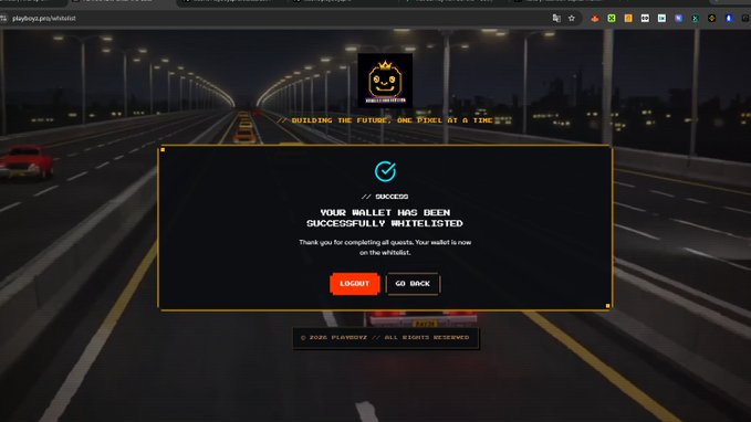 A screenshot from the PlayBox game website showing a success message that 'YOUR WALLET HAS BEEN SUCCESSFULLY WHITELISTED' over a dark highway-themed background.