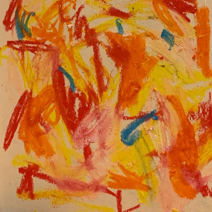 An abstract expressionist painting or pastel work featuring energetic, overlapping brushstrokes in warm colors including red, orange, yellow, and pink, with accents of blue.