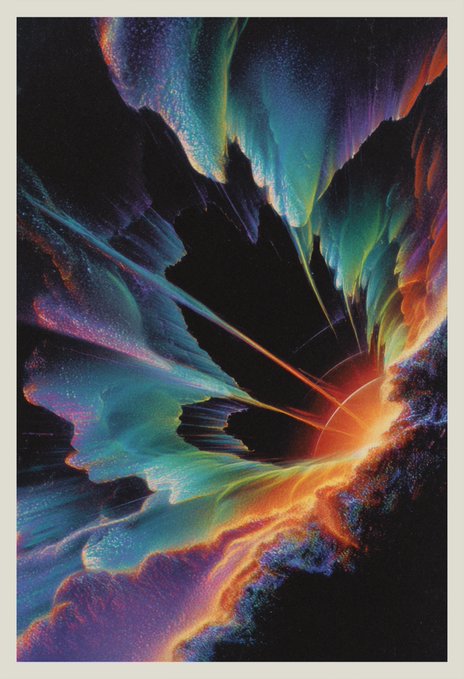 A vibrant abstract digital artwork featuring swirling streams of rainbow colors (teal, orange, purple) radiating outward against a black background.