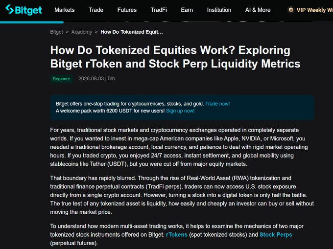 A screenshot of a Bitget Academy article titled "How Do Tokenized Equities Work? Exploring Bitget rToken and Stock Perp Liquidity Metrics," published on 2026-08-03, which discusses how Bitget offers one-stop trading for cryptocurrencies, stocks, and gold with a 6200 USDT welcome pack for new users, and explains the mechanics of tokenized stocks (rTokens) and stock perpetual futures.