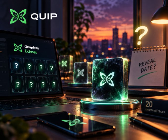 A promotional image for 'QUIP' featuring a glowing cube with a butterfly logo on a desk, a laptop showing 'Quantum Echoes' with question marks, and a notepad reading 'REVEAL DATE?' alongside text '20 Quantum Echoes'.