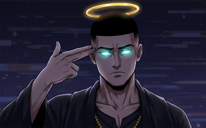 Anime-style illustration of a serious man with glowing cyan eyes and a golden halo above his head, making a finger gun gesture.