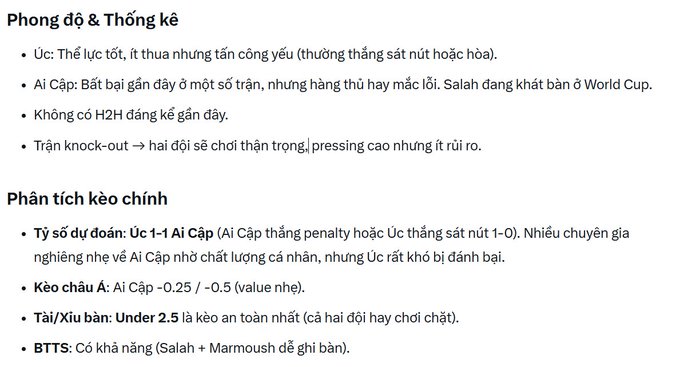 Vietnamese-language text analysis of a football match between Australia and Egypt, discussing team form, predictions, handicap bets (Egypt -0.25/-0.5), and Over/Under 2.5 goals.