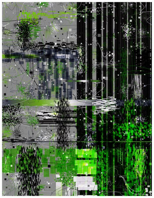A glitch-art style digital composition with black, white, gray, and bright green pixelated and distorted patterns.