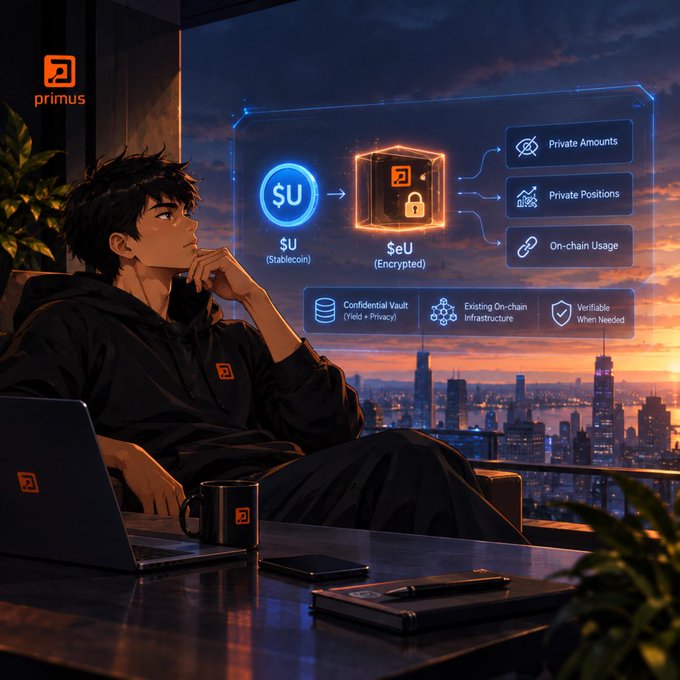 An anime-style illustration of a young person working on a laptop in a high-rise setting, with a holographic Primus interface displaying 'SU (Stablecoin)' converting to 'SeU (Encrypted)' for private amounts, positions, and on-chain usage.