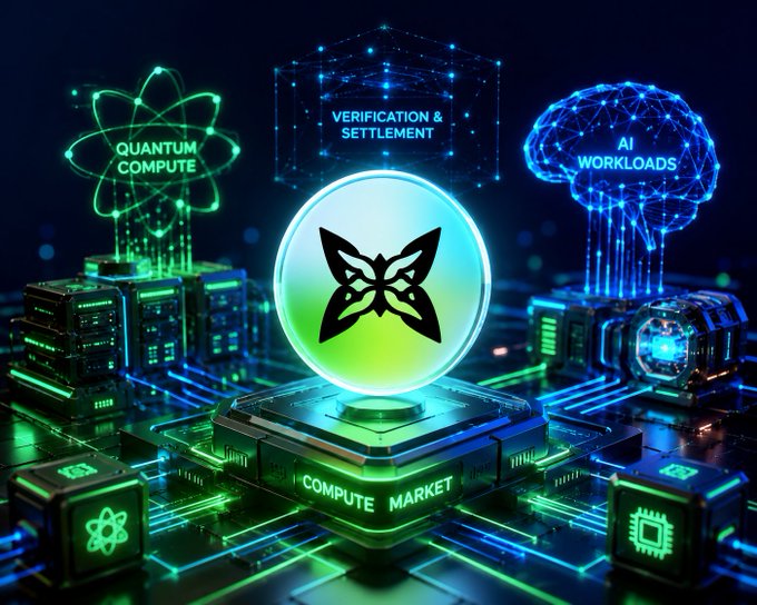A futuristic digital illustration showing a 'COMPUTE MARKET' with a central glowing butterfly logo, surrounded by labeled holograms for 'QUANTUM COMPUTE', 'VERIFICATION & SETTLEMENT', and 'AI WORKLOADS'.