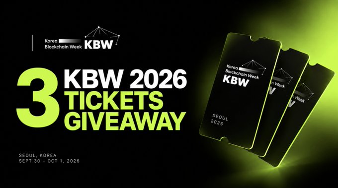 Promotional graphic for a '3 KBW 2026 TICKETS GIVEAWAY' for Korea Blockchain Week in Seoul, Korea (Sept 30 - Oct 1, 2026), displaying three black tickets.
