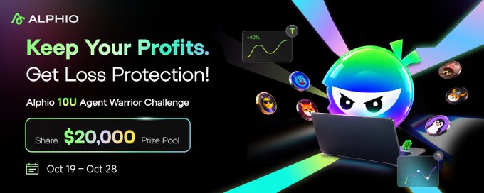 A promotional banner for ALPHIO advertising an 'Agent Warrior Challenge' trading competition running Oct 19 – Oct 28 with a $20,000 share of the prize pool and loss protection.