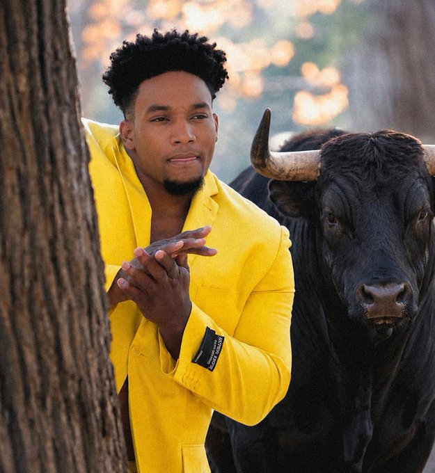 A man in a bright yellow blazer stands in a wooded area pointing forward, with a large dark bull visible beside him.