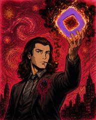 A dark-haired man in a suit conjures a glowing purple "M" portal as a city burns beneath a swirling red cosmic vortex, visually echoing the post's fiery "burn baby burn" call to send $MON "on top." The image's apocalyptic flames and mystical symbol reinforce the chaotic, hyped crypto sentiment of the caption.
