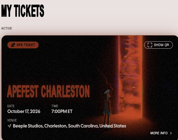 A digital ticket for 'APEFEST CHARLESTON' on October 17, 2026 at 7:00 PM ET at Beeple Studios, Charleston, South Carolina.