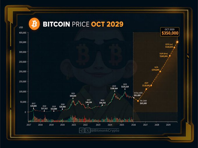 The image shows a Bitcoin price projection chart from BitmonkCrypto predicting BTC will reach $350,000 by October 2029, with intermediate targets including $123,118 in 2025 and $280,000 in 2028, framing a speculative forecast about future crypto gains that pairs with the post's prompt about regretful past decisions.