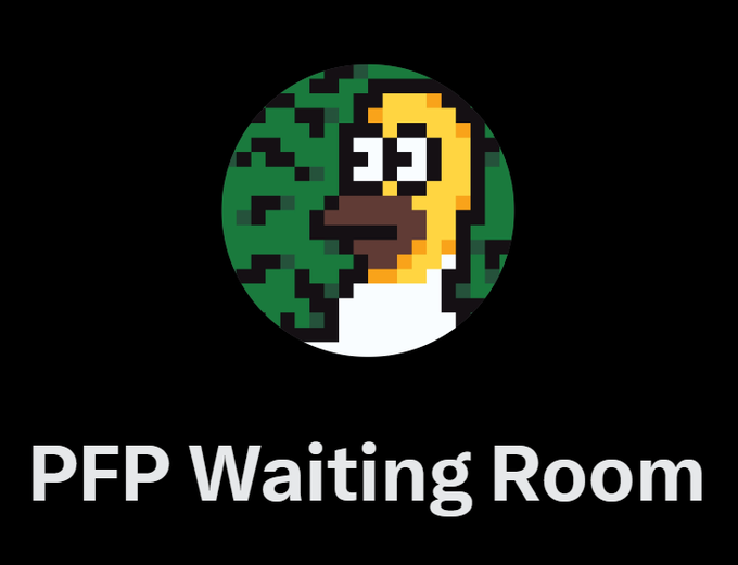A black graphic featuring a pixelated Pepe the Frog face in a circular frame with the text 'PFP Waiting Room' below.