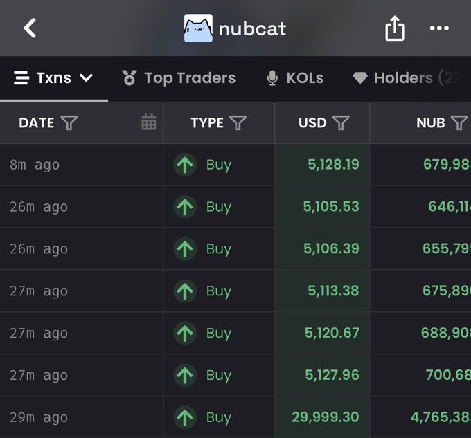 A screenshot of a cryptocurrency trading interface for 'nubcat' showing a list of recent transactions, all marked as 'Buy' in green, with USD values around $5,000 and NUB amounts ranging from approximately 646 to 4,765.