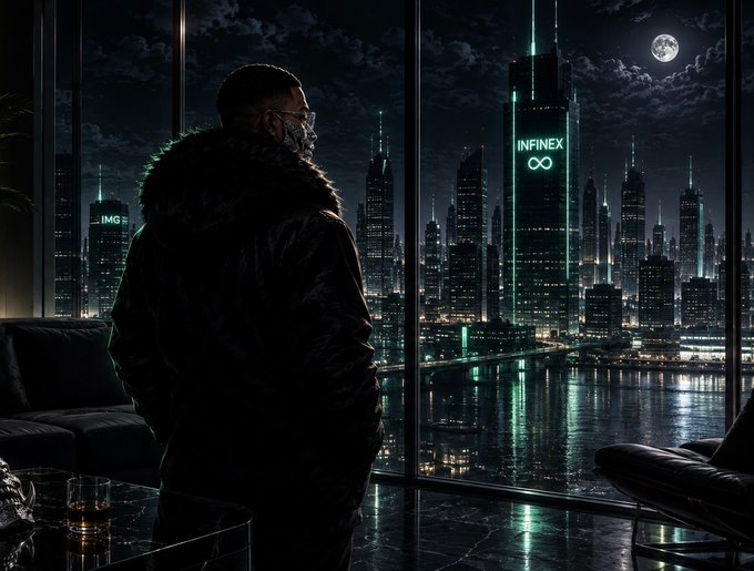 A hooded figure stands before a window overlooking a futuristic cyberpunk cityscape at night, with a prominent skyscraper displaying the text "INFINEX" and an infinity symbol illuminated in green.
