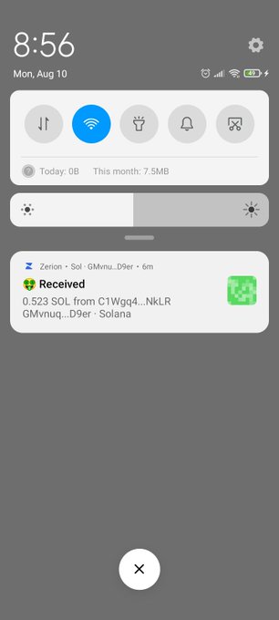 An Android phone notification screenshot at 8:56 on Mon, Aug 10 showing a notification from Zerion that 0.523 SOL was received from address c1Wgg4...NkLR.